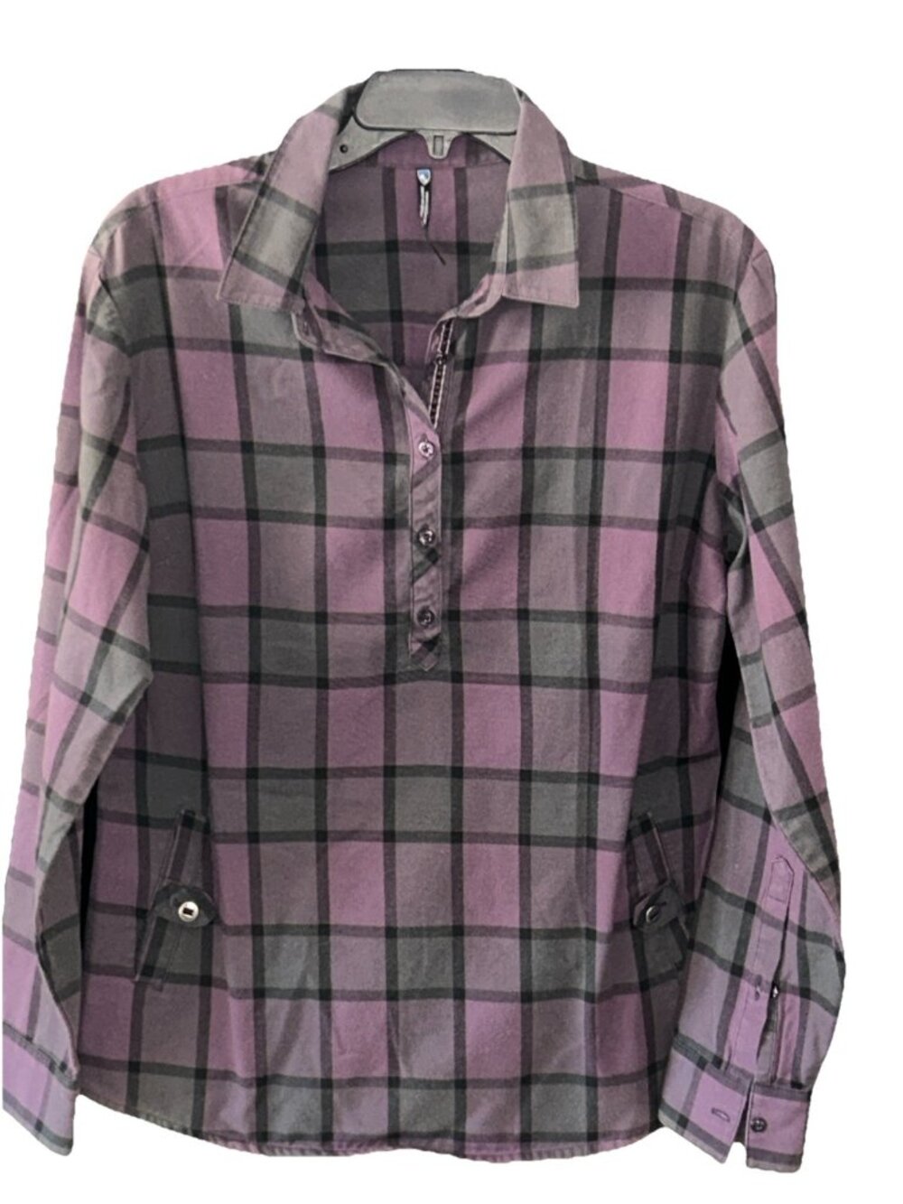 Kuhl Women’s Pullover Top Large Purple And Gray Plaid Pockets Style 8341